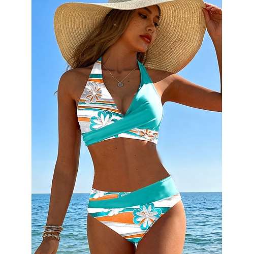 Damen Bikini 2-teiliges Badeanzug Frech Urlaub Mode Florale Grafik V-Ausschnitt Ärmelloses Badeanzug Image