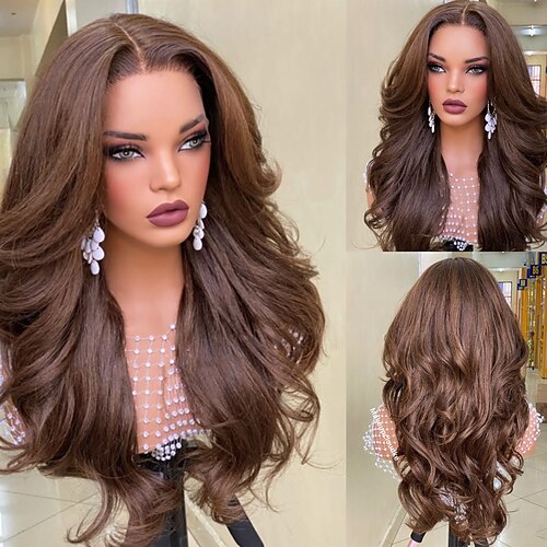 Remy Echthaar 5x5 Verschluss 13x4 Spitzenfront Perücke Freier Scheitel Brasilianisches Haar Gewellt Braun Perücke 150% 180% Haardichte mit Babyhaaren 100% Unbehandelt Kleberfrei Vorgerupft Für Damen Image