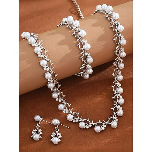 Schmuckset für Damen aus Imitationsperlenlegierung – 3-teiliges Set aus Halskette, Armband und Ohrringen, perfekt für Hochzeiten und besondere Anlässe Image