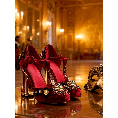 Damen Mardi Gras Barock-inspirierte Karneval T-Strap Heels – Verzierter Satin-Pumps mit goldenen Akzenten Strasssteinen und klobigen Absätzen für Maskeradenbälle und Feierlichkeiten Image