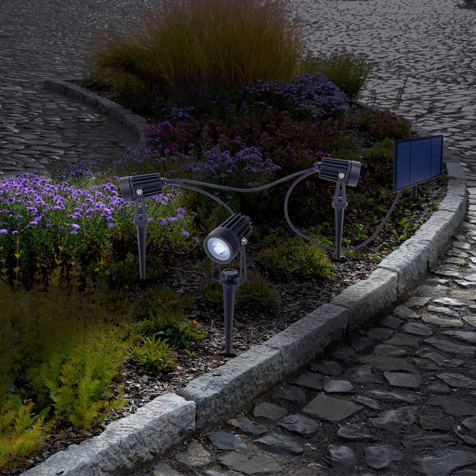 Näve LED-Solar-Erdspießstrahler SPOTI, schwarz, 3er-Set, IP44 dimmbar, schwarz, Metall, Modern, Solarleuchten