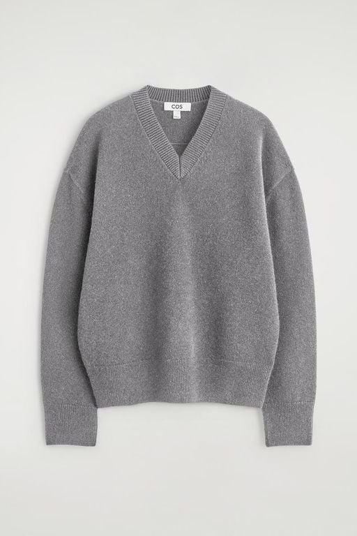 Rounded Wool V-Neck Sweater - Gray - COS Knitwear