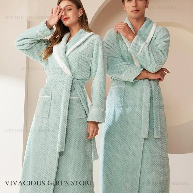 Herbst Winter Paar Nachtwäsche Lange Robe Hause Kleid Verdicken Flanell Bademantel Kimono Kleid Lose Warme Korallen Fleece Nachtwäsche Image