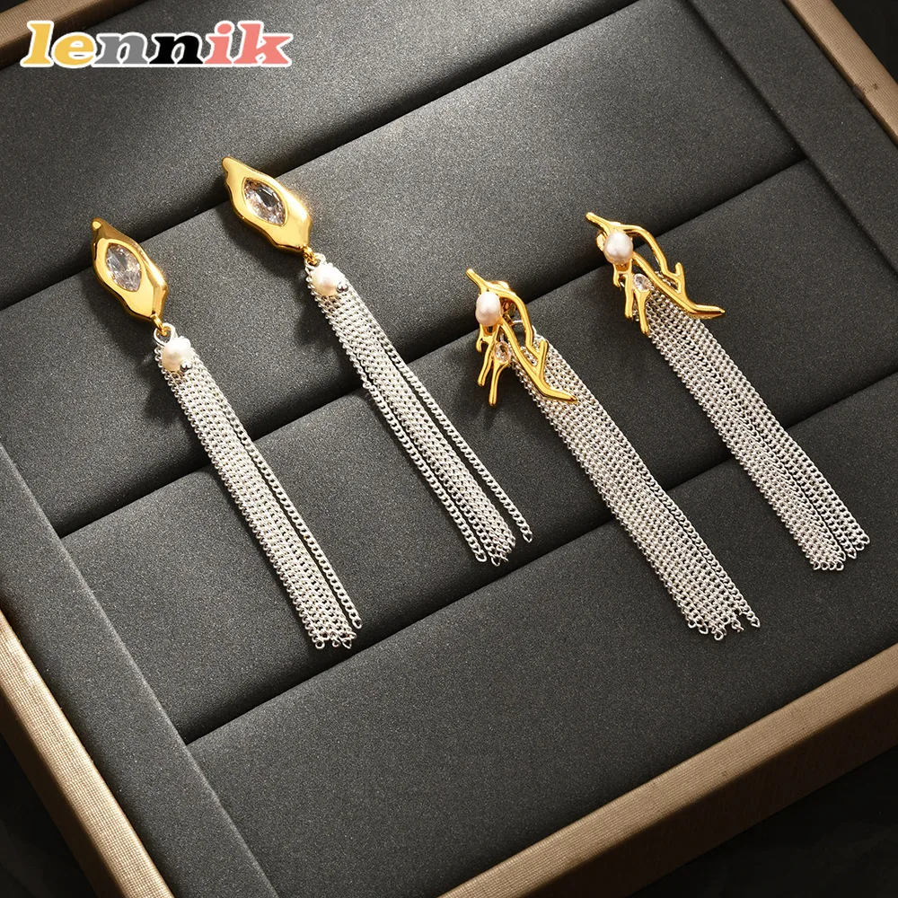 LENNIK Damen-Ohrringe mit 22 Karat vergoldeten Quasten, elegantes langes Perlenketten-Design, luxuriöse High-End-Ohrtropfen, lässiger Urlaubsstil Image