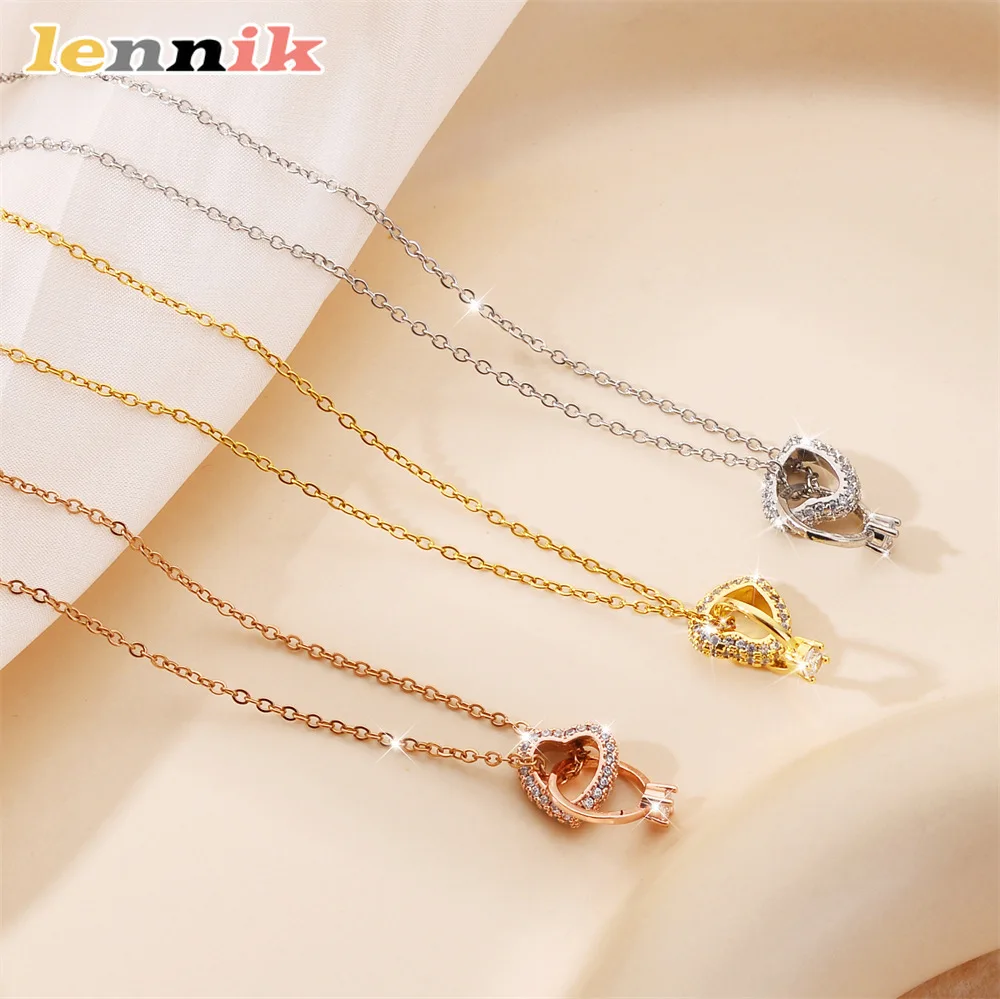 LENNIK Halskette aus Titanstahl für Damen, hypoallergen, farbecht, Herzanhänger mit CZ-Steinen, Luxusschmuck im koreanischen Stil Image