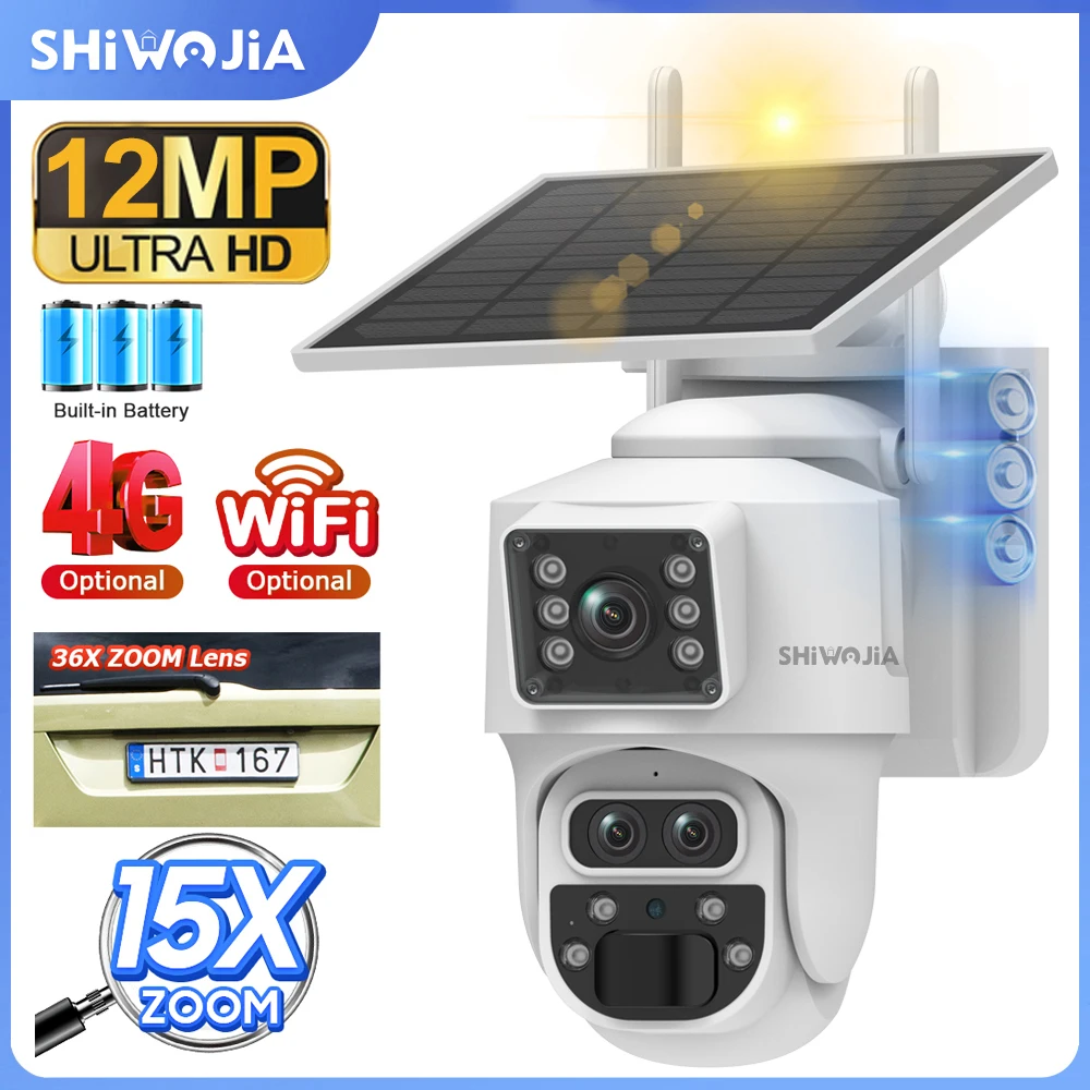 SHIWOJIA 6K 12MP 15X ZOOM Solarkamera 4G SIM/WIFI drei Objektiv Aufnahme Dual Screen Human Auto Tracking Farbe Nachtsicht UBox Image