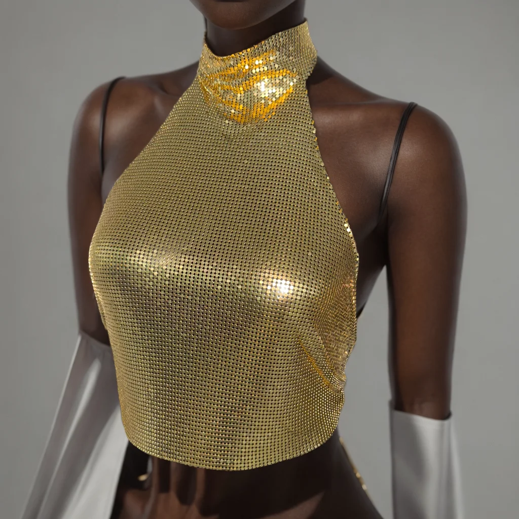 Luxus Frauen Metall Pailletten Tank Top Sexy Halb Hohen Kragen Halter Neck Backless Crop Tops Sommer Strand Party Festival Leibchen Image