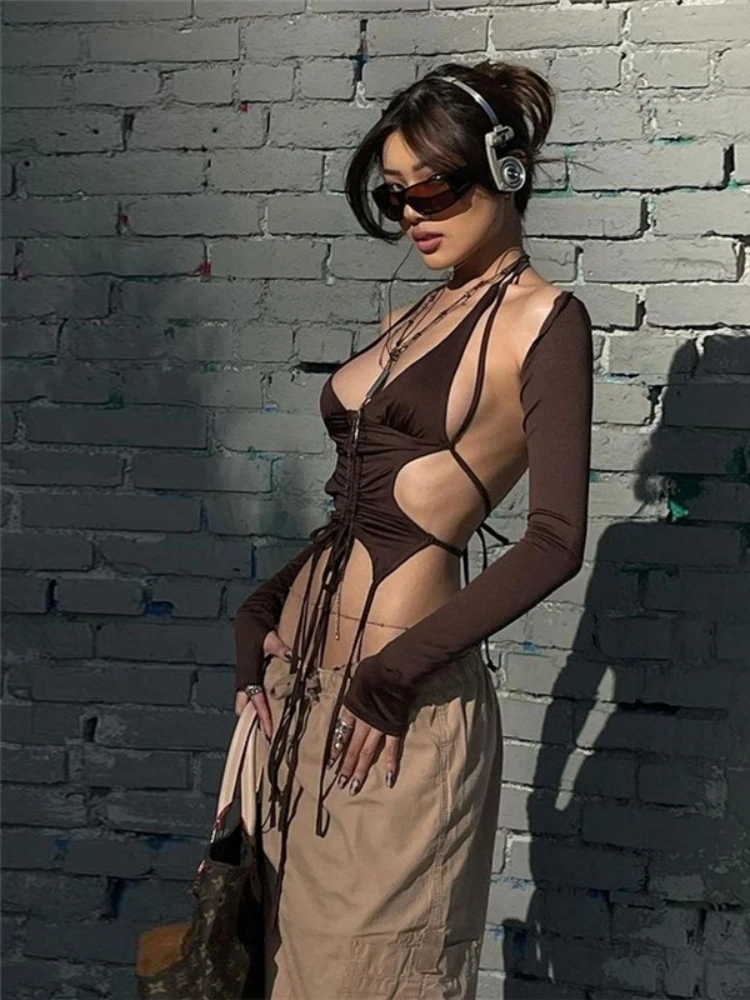 Lace-up T Shirts For Women Grunge Clothes Long Sleeve Crop Top Neck-mounted Halter Y2k Accessories Solid Camisetas Ropa Mujer