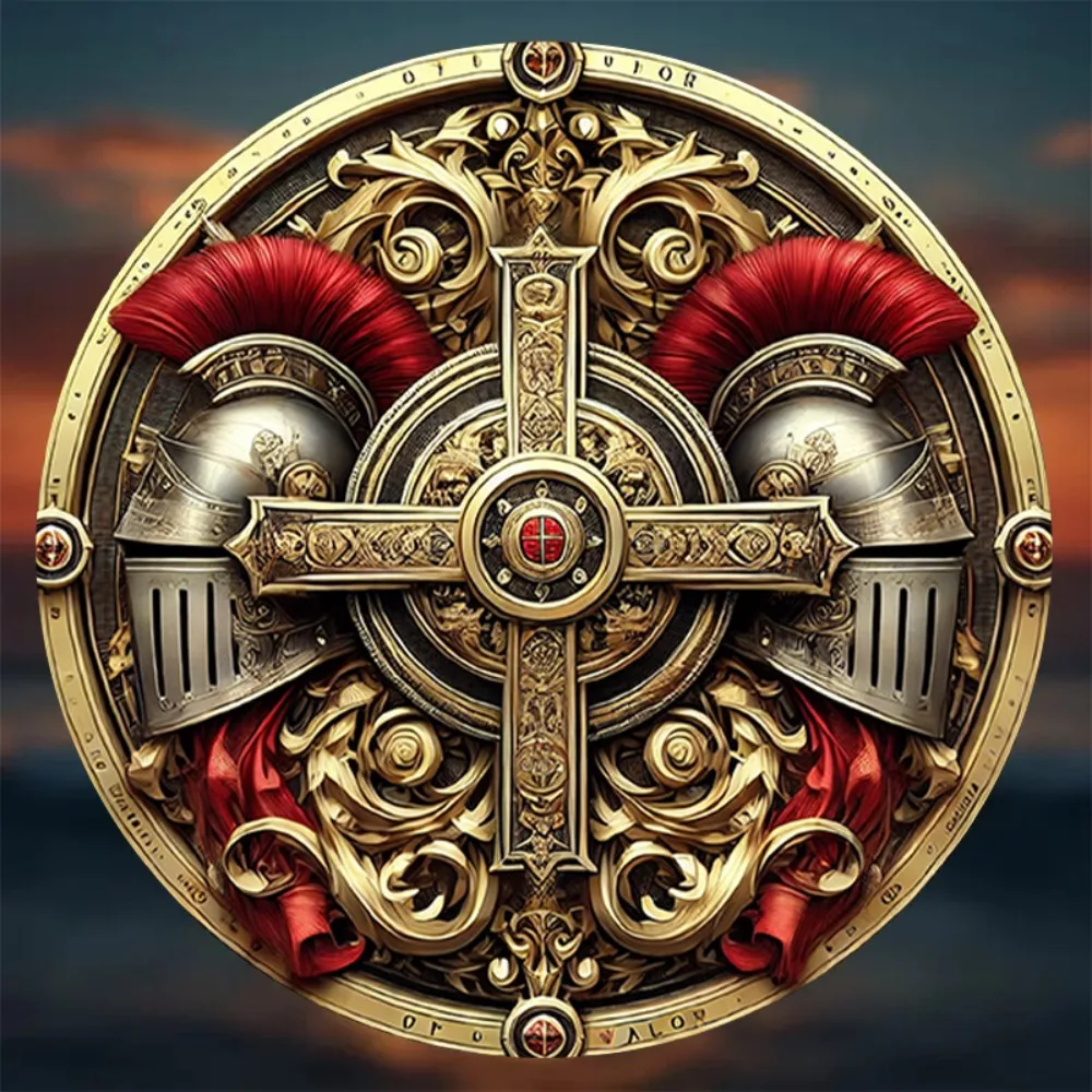 2D-Metallschild mit flachem mittelalterlichen Abzeichen – 20,3 cm rundes verziertes Kreuzdekor, Wandkunst für Zuhause, Café, perfektes Geschenk Image