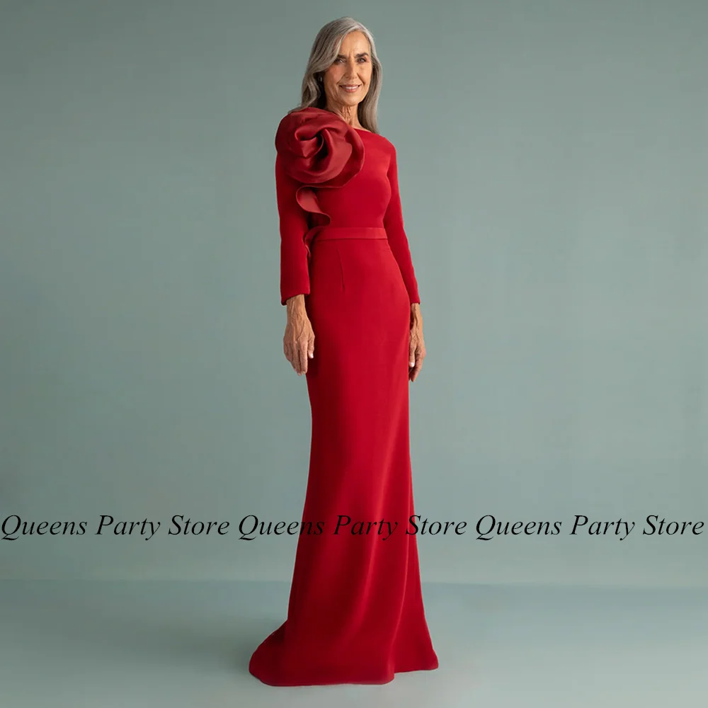 Elegantes rotes Kleid für die Brautmutter, U-Boot-Ausschnitt, 3/4-Ärmel, große Blume, Sweep-Zug, Meerjungfrau-Partykleider, arabisches Hochzeitsgastkleid