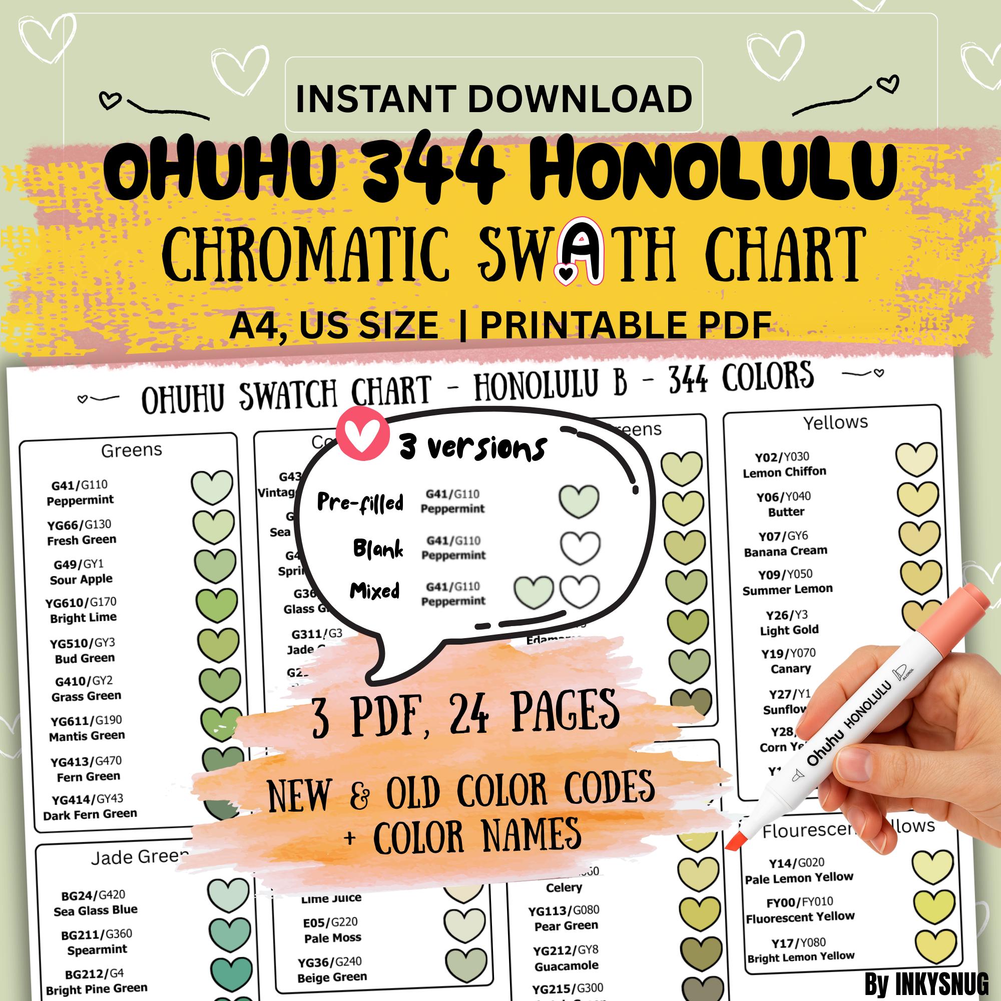 Tabella dei campioni cromatici pre-riempita Ohuhu Honolulu 344 / Codici nuovi, vecchi e nome del colore