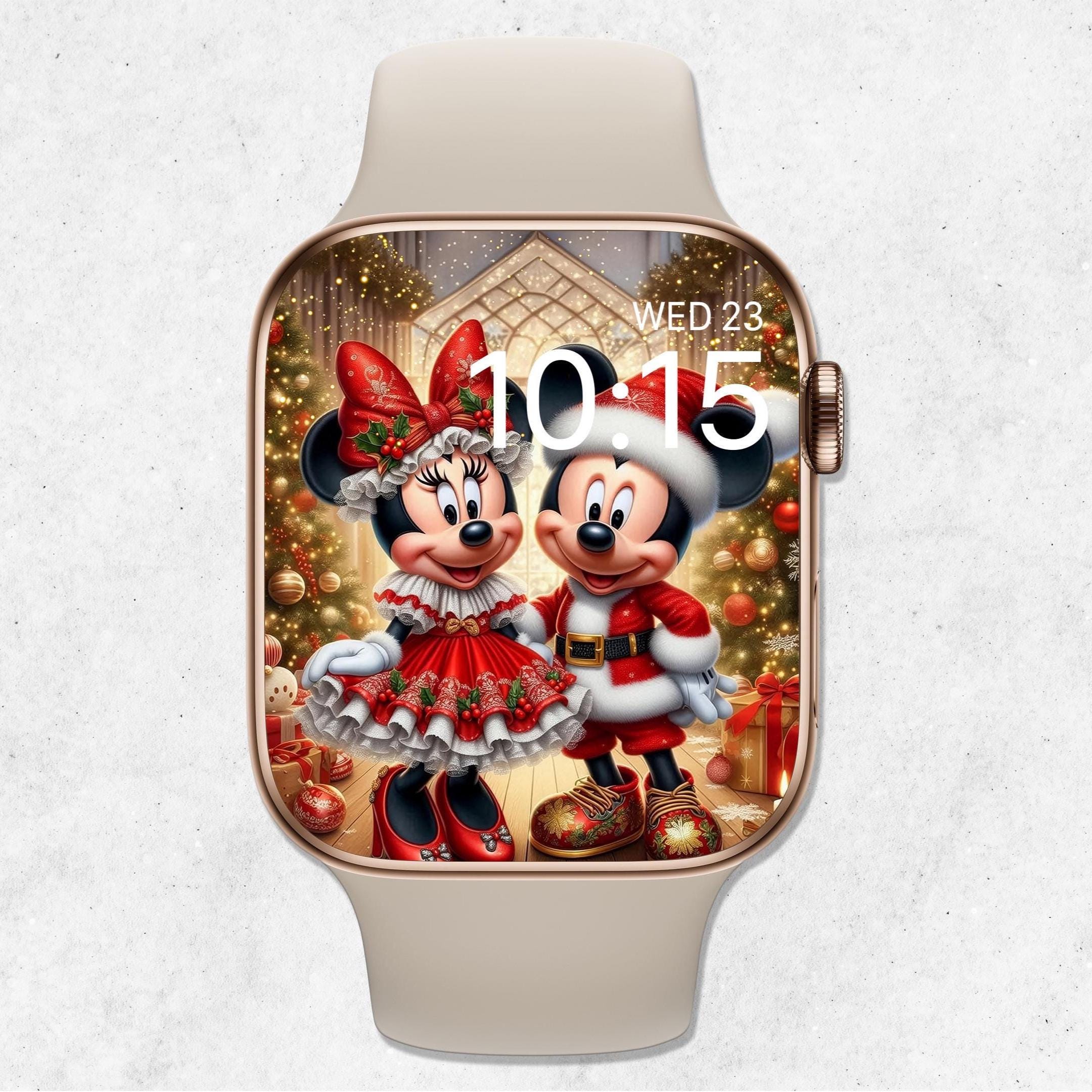Sfondo natalizio di Topolino e Minnie per Apple Watch, sfondo festivo per smartwatch, quadrante invernale per orologio, estetica di Babbo Natale con T