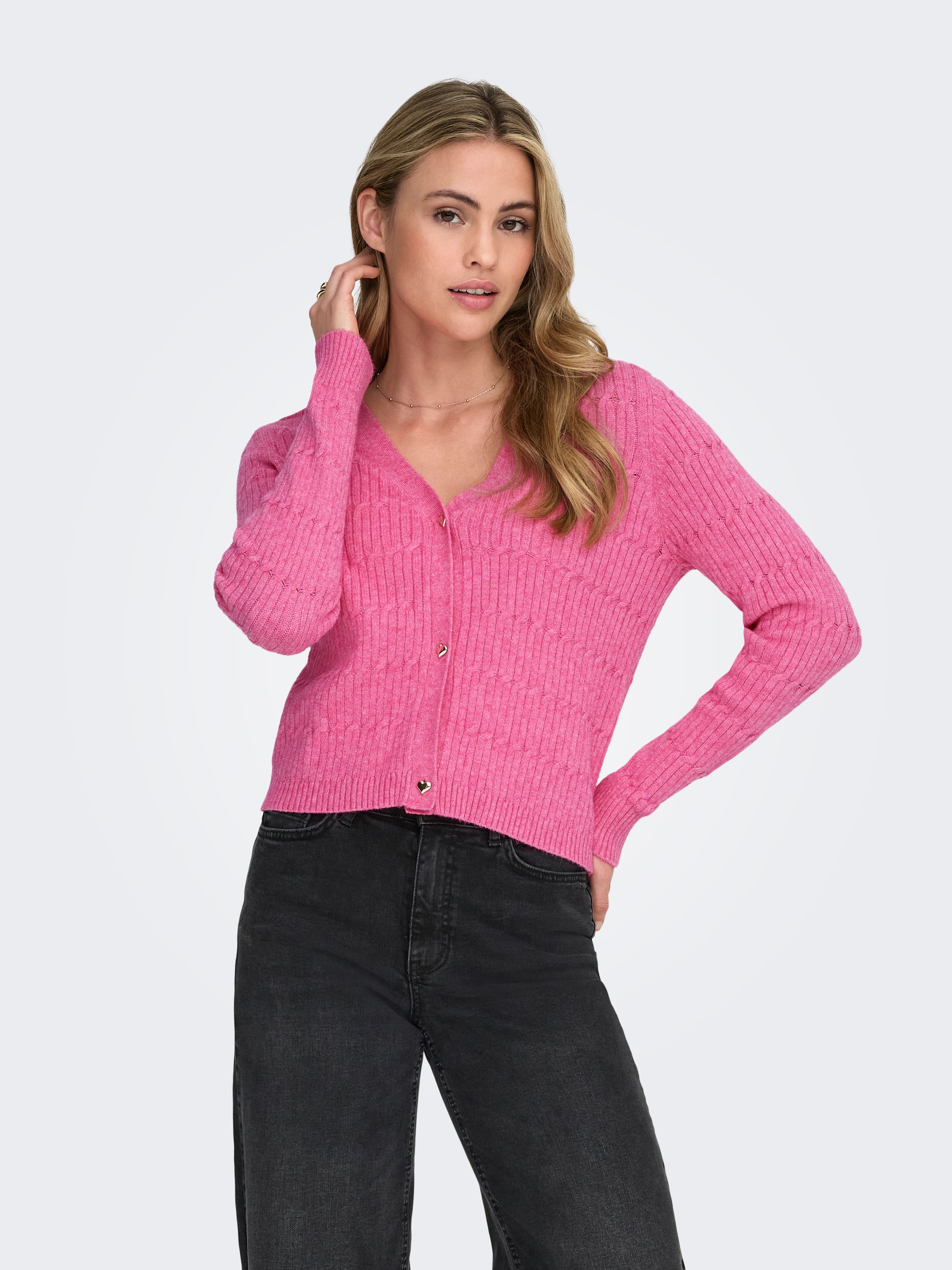 Strickjacke ONLY "ONLKATIA LS CABLE V-NECK CARDIGAN CC KNT", Damen, Gr. M, wild orchid detail:melange, Strick, Obermaterial: 50% Viskose, 27% Nylon, 23% Polyester, meliert, figurbetont normal, V-Ausschnitt, Rippbündchen, Strickjacken Strickjacke