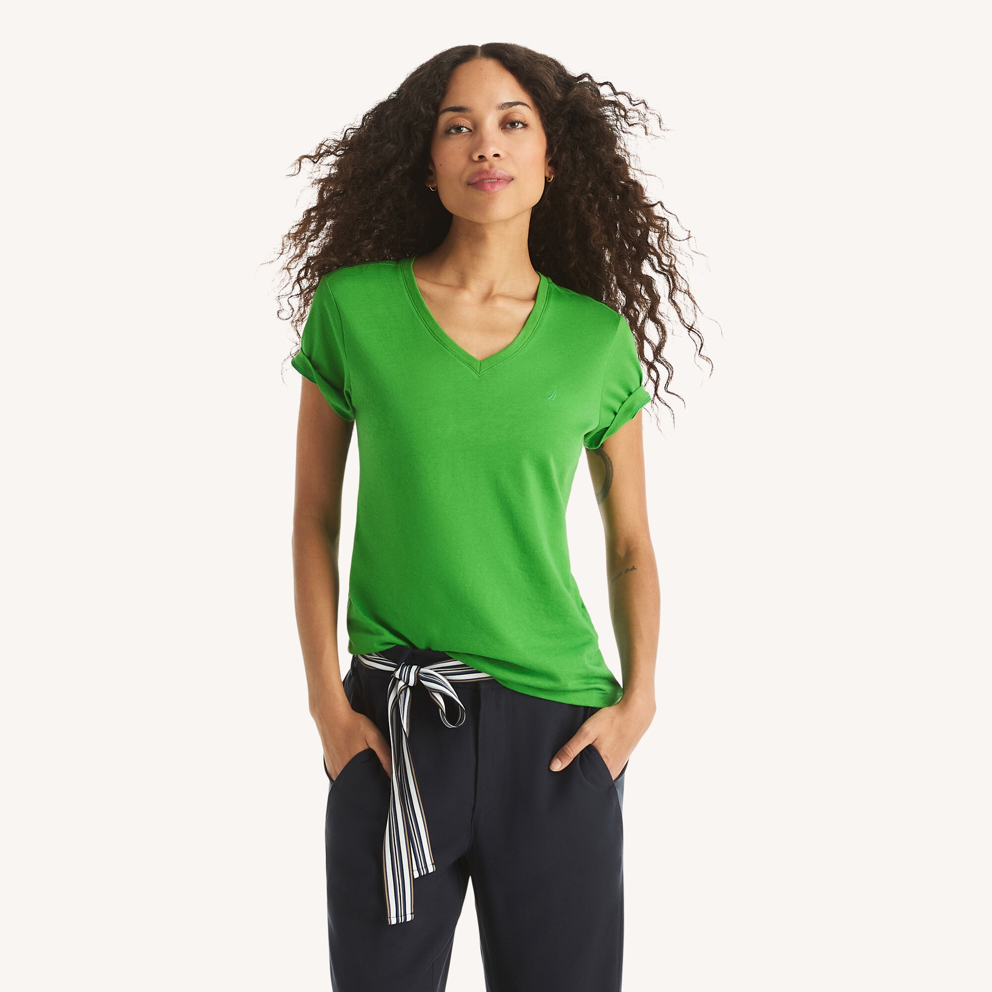 Nautica Women's V-Neck Deck T-Shirt 330 (Green Terrain), M