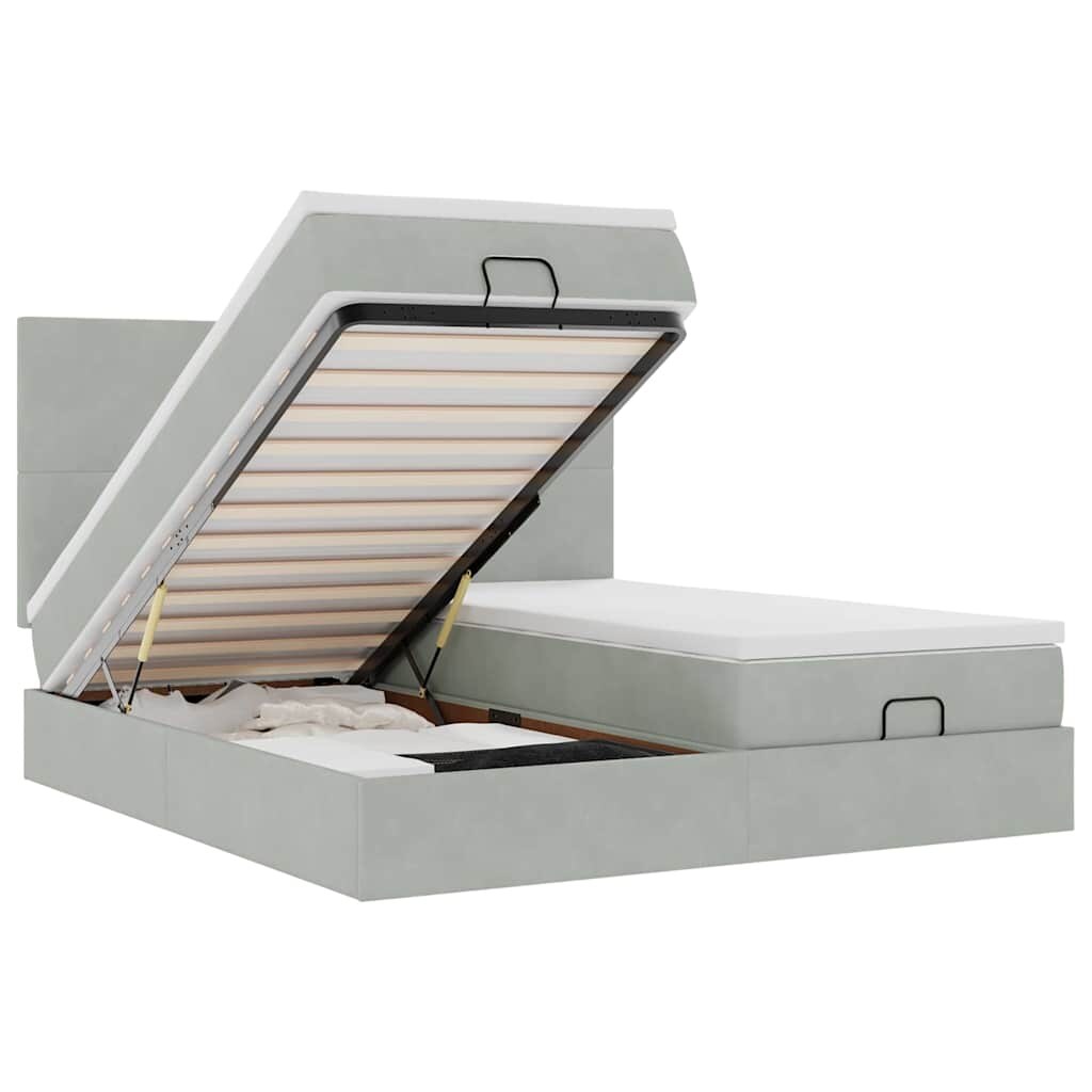vidaXL Ottoman-Bett mit Matratzen & LEDs Hellgrau 200x200 cm Samt Image