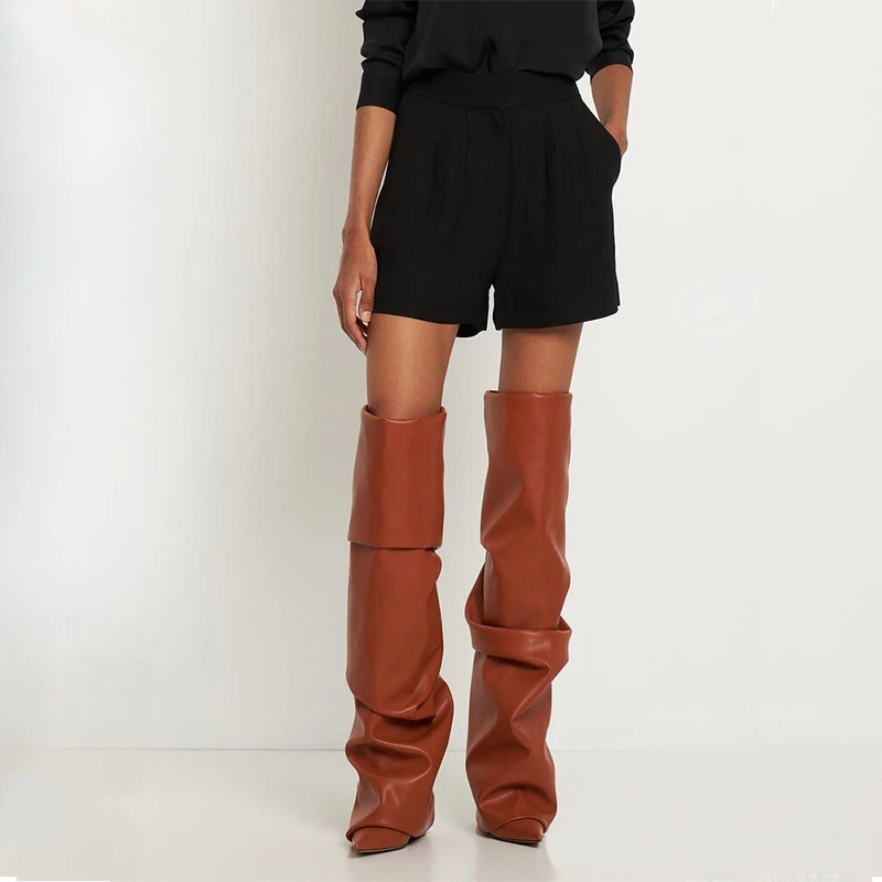 Marke Plissee Faulheit Stil schwarz braun über Knie Damen stiefel High Heel Modenschau lange Stiefel Größe 35-43 sexy Damenschuhe
