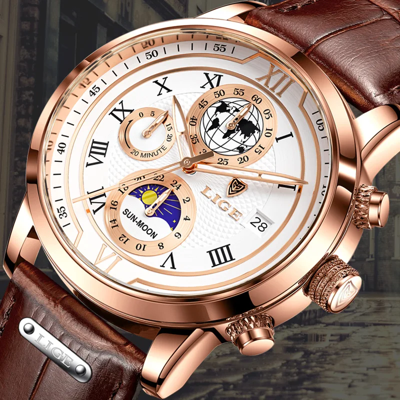 Lige Business Herren uhren Top-Marke Luxus Leder lässig Quarz Moons watch für Männer Sport wasserdichte Uhren Relogio Masculino Image