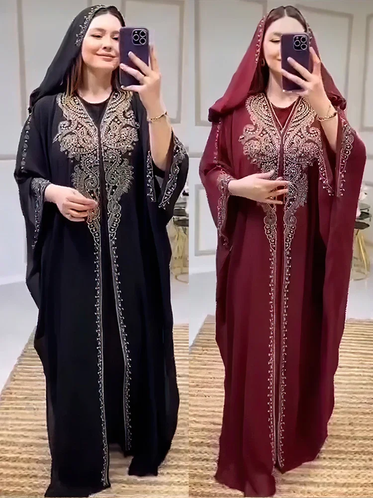 Eid Muslimisches Kleid für Frauen mit Kapuze Abaya 2-teiliges Set Diamant Jalabiya Marokko Partykleider Dubai Abayas Kaftan Vestido Lange Robe Image
