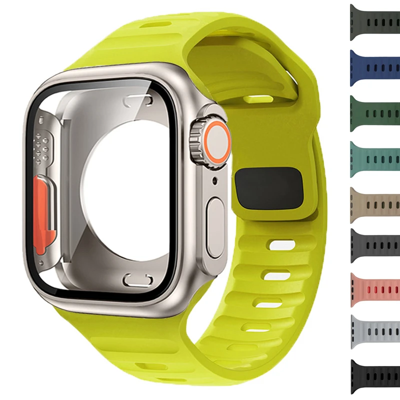 Silikonarmband + Hülle für Apple Watch Hülle 44 mm 45 mm 41 mm 40 mm gehärtete Glasabdeckung Wechsel an Ultra für iWatch Serie 8 7 SE 6 5 3 Image