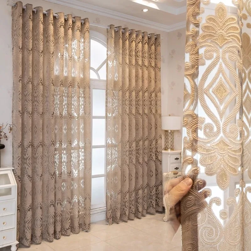 Europäischer und amerikanischer Luxus-Palast-Jacquard-Tüll-Vorhang, brauner geometrischer ausgehöhlter Mull-Vorhang für Wohnzimmer, Schlafzimmer, individuell Image