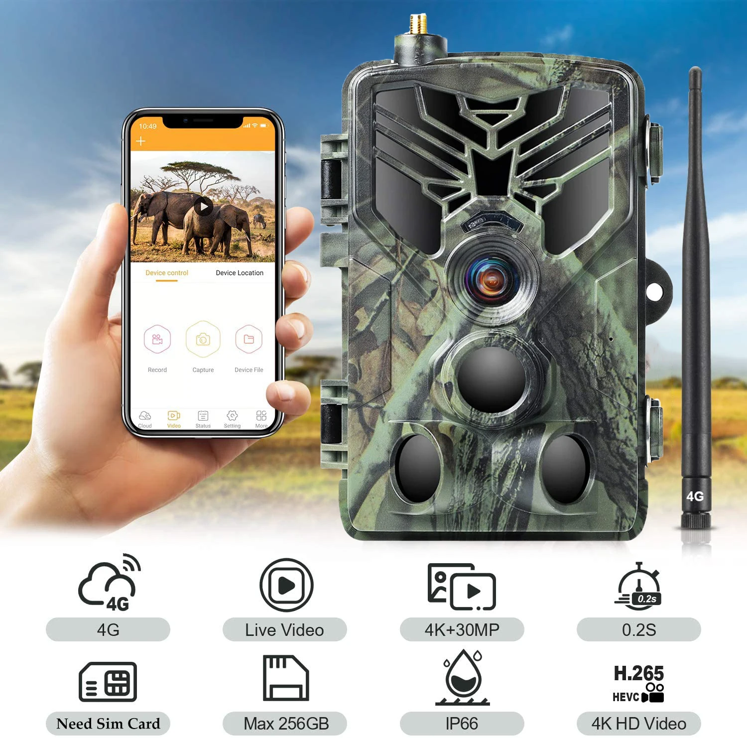 4K Live Video APP Trail Camera Cloud Service Telecamere per la caccia alla fauna selvatica Stream Media 4G Wireless 30MP Visione notturna HC810PRO