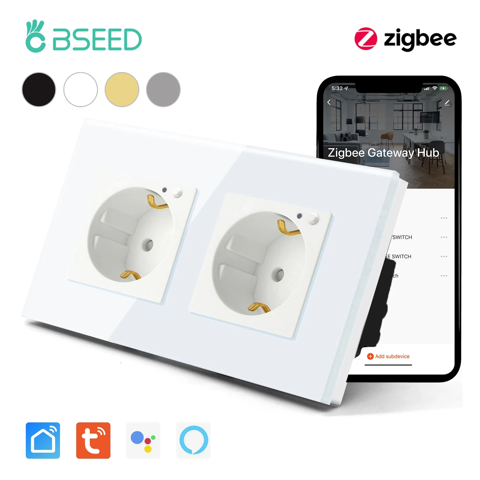 BSEED Zigbee Steckdose EU Standard Doppel Steckdosen Weiß Schwarz Kristall Glas Panel Unterstützung Tuya Smart Leben App Google Alexa 16A Image