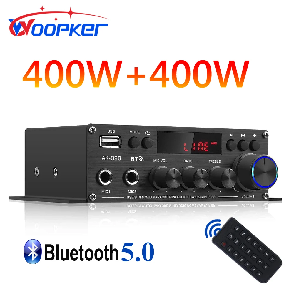 Woopker AK390 BT 5.0 HiFi-Leistungsverstärker 400 W x 2 Stereo-Digitalverstärker BASS Media Player unterstützt FM-Radio AUX-Mikrofoneingang Image