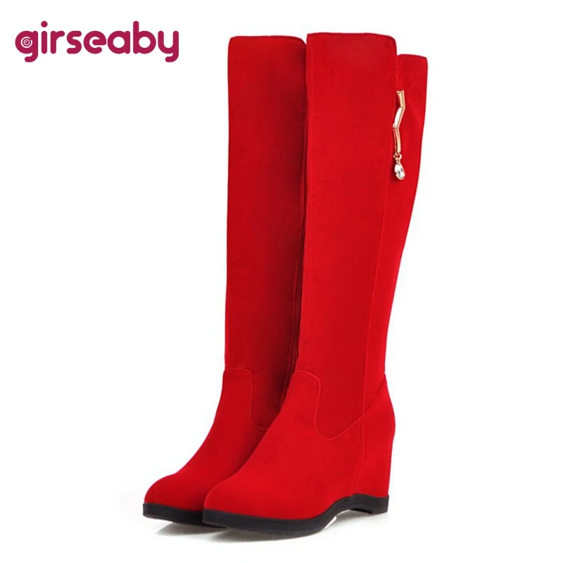 Girseaby Kniehohe Stiefel, runde Zehen, Keilabsatz, Flock-Reißverschluss, versteckter Absatz, Schuhe, Größe 44, schwarze Winter-Freizeitstiefel F1297