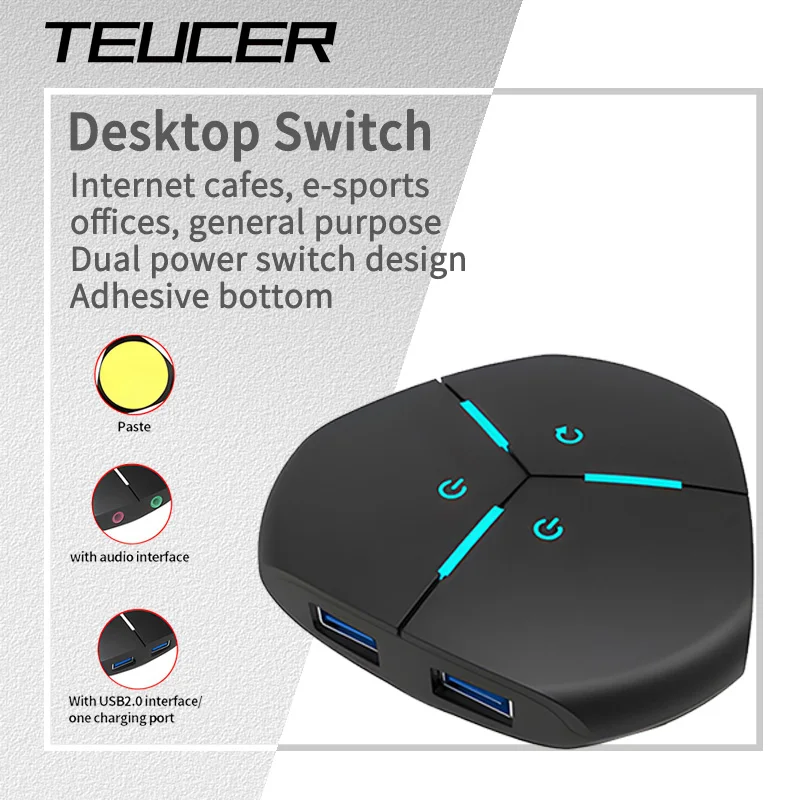 TEUCER Desktop-Netzschalter mit zwei USB-Audioanschlüssen, externe Verlängerungskabel für Computer, Ein-/Aus-Taste Image