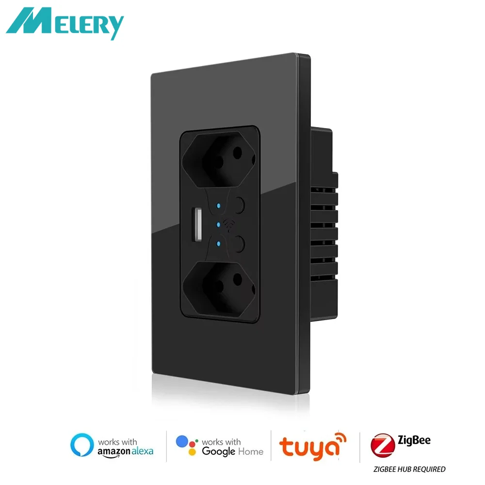 Melery Zigbee Smart Steckdose USB Tomada Electric Brasilien Stecker Steckdose PC Glasscheibe Fernbedienung von Tuya Smartlife Alexa Google Home Image