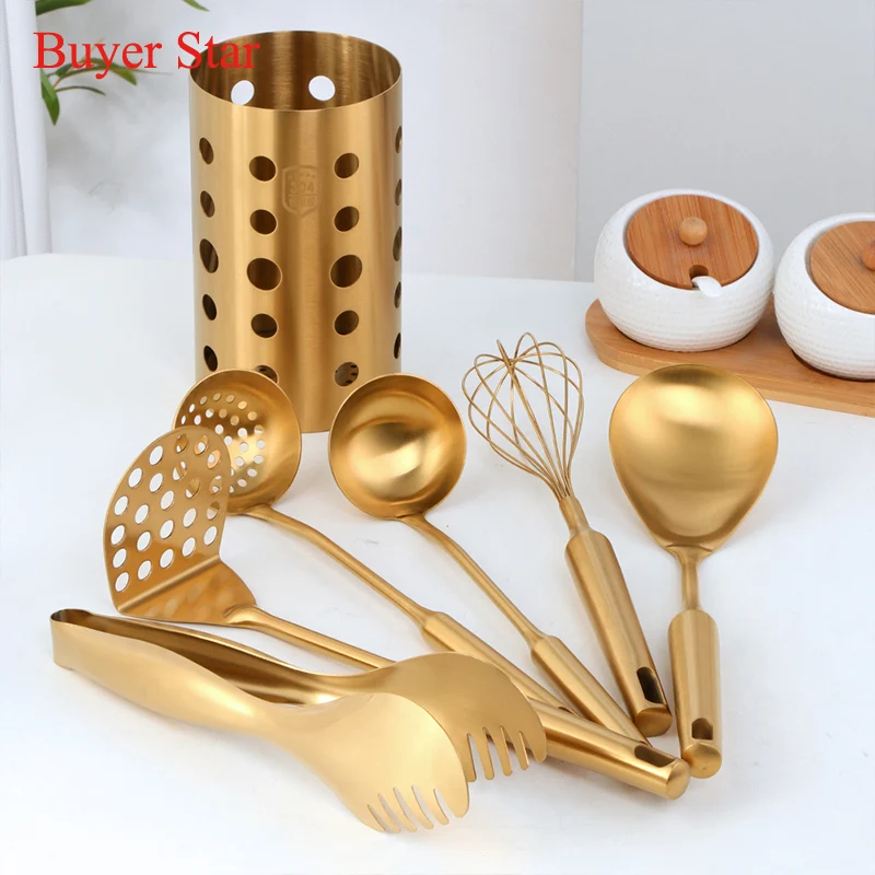 1 stücke/7 stücke Gold Kochen Werkzeuge Kochgeschirr Set Stäbchen rohr Suppe Schöpfen Sieb Set Ei rühren beater Lebensmittel zange küche Utensilien Image