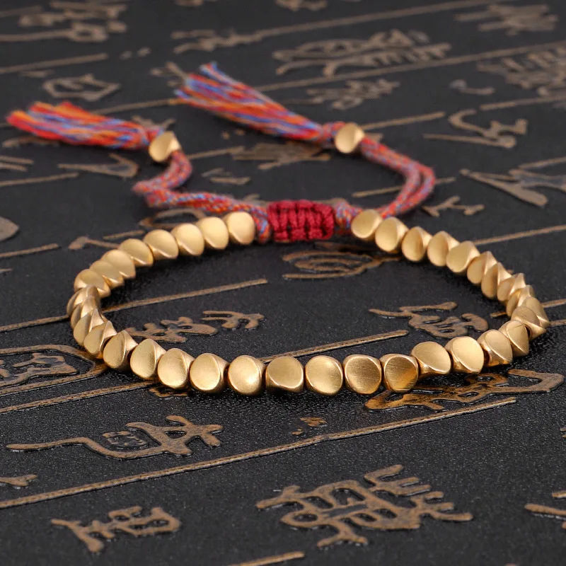 Handgefertigtes tibetisches Kupferperlen-Armband, buddhistisches geflochtenes Baumwoll-Glücksseil-Armband, Glücksbringer, Erfolg-Amulett, für Damen und Herren, Vintage Image