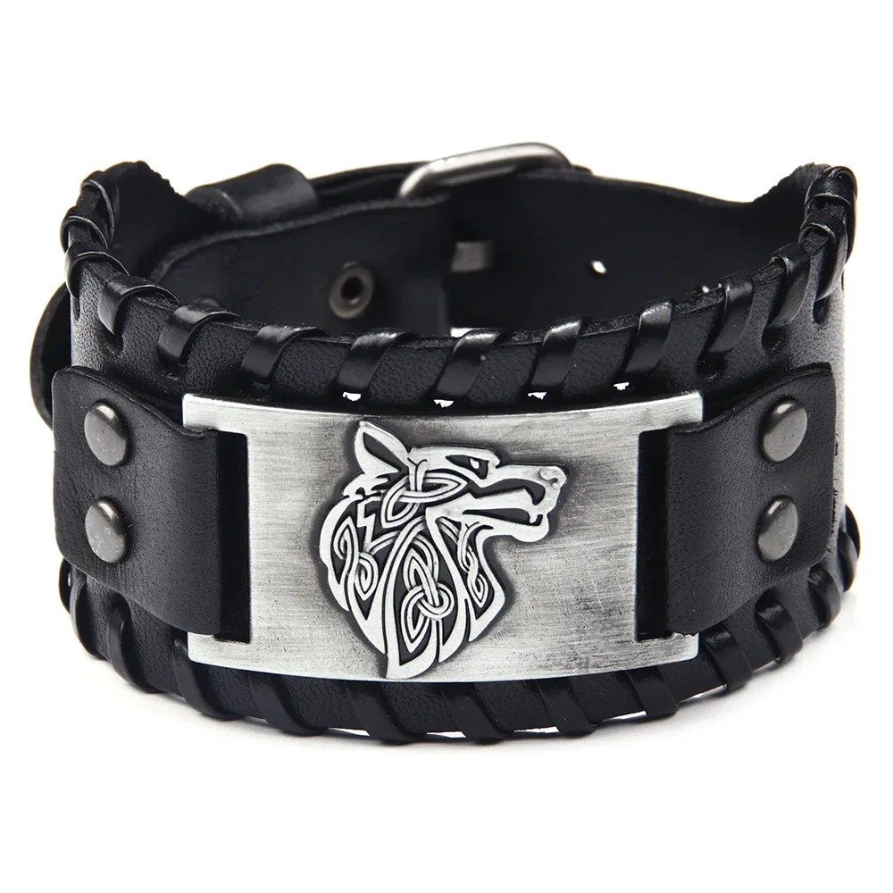 Punk Männer Breite Armreif Zubehör Wolf Kopf Charm Armband Leder Weben Einstellbare Armband Freundschaft Schmuck Image