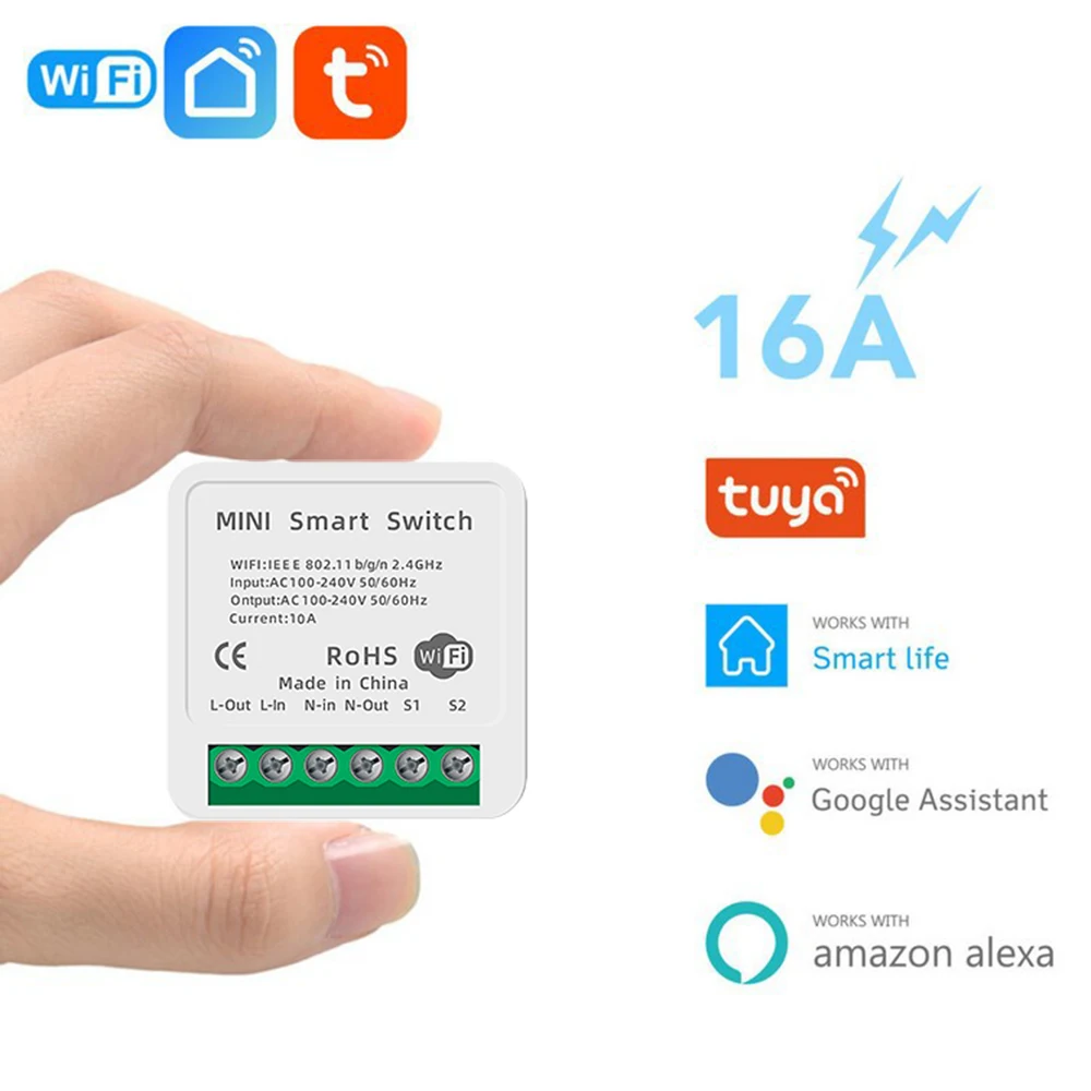 Tuya Smart Mini Switch WiFi 16A Automatisierung 2-Wege-Steuerung Timer Smart Circuit Breaker Smart Life Kompatibel mit Alexa Goog Image