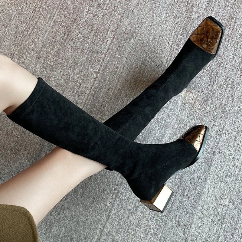 Schuhe für Frau Silber Damen stiefel Winter Knie High Shaft Schuhe elastische lange Socke Mittel absatz bequem und elegant Gyaru