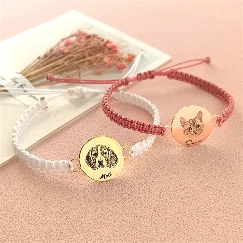 Maßgeschneidertes Haustier-Porträt-Armband für Frauen, personalisiertes Hundefoto, Edelstahl, verstellbarer Besitzer, geflochtenes Seil, Armreif, Schmuck G Image