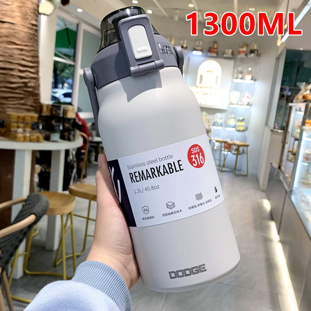 1300 ml Thermo-Wasserflasche, großes Fassungsvermögen, mit Strohhalm, Edelstahl-Thermosflasche, Kalt- und Warmwasserflasche, Sport-Thermosbecher Image