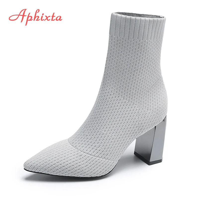 Aphixta Grau Stoffe Socke Stiefel Frauen Schuhe Elastische Stiefel Stretch Stricken Bling 8cm Metall Platz Ferse Damen Schuhe Plus größe 41