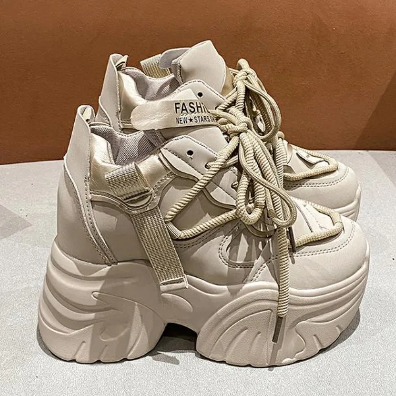 Frauen Zu Fuß Turnschuhe Herbst Lace-up Hohe Plattform Chunky Schuhe Atmungsaktive Leder Schuhe 10,5 CM Winter Keil Heels Casual schuhe