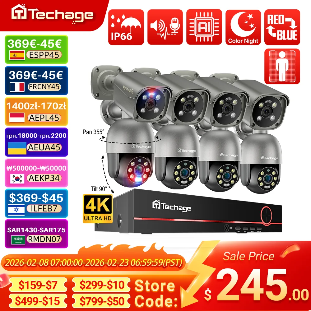 Techage H.265 8CH Ultra HD 4K POE NVR Set Zwei-Wege-Audio Smart AI Human Detected 8MP CCTV Video Outdoor Security IP-Kamerasystem Image