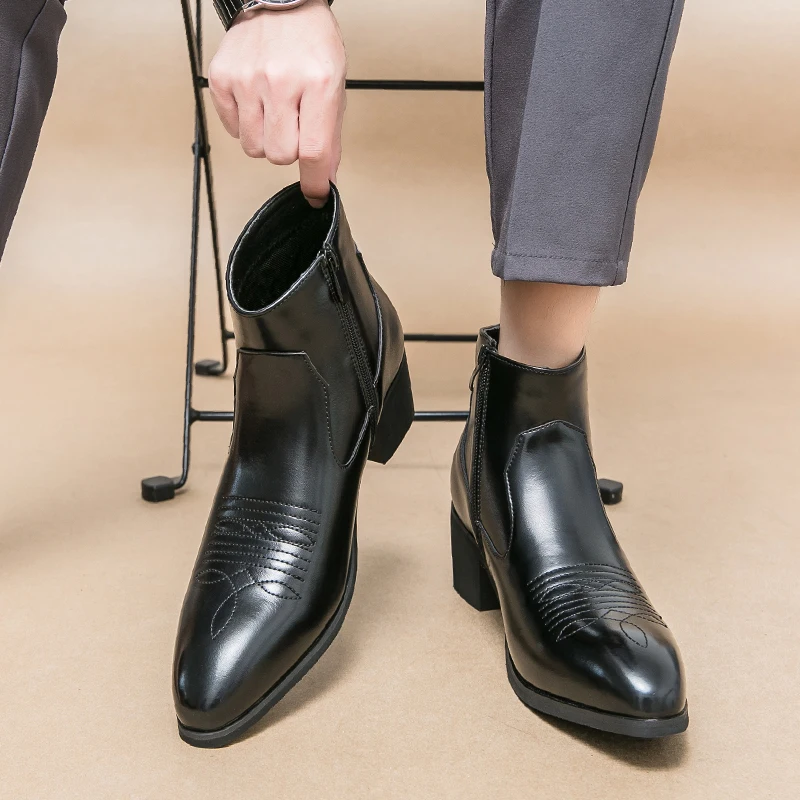 Schwarze Westernstiefel für Herren, Cowboy-Braun-Chelsea-Stiefel, Reißverschluss, Knöchel, Business-Stiefel, Größe 38–46, kostenloser Versand