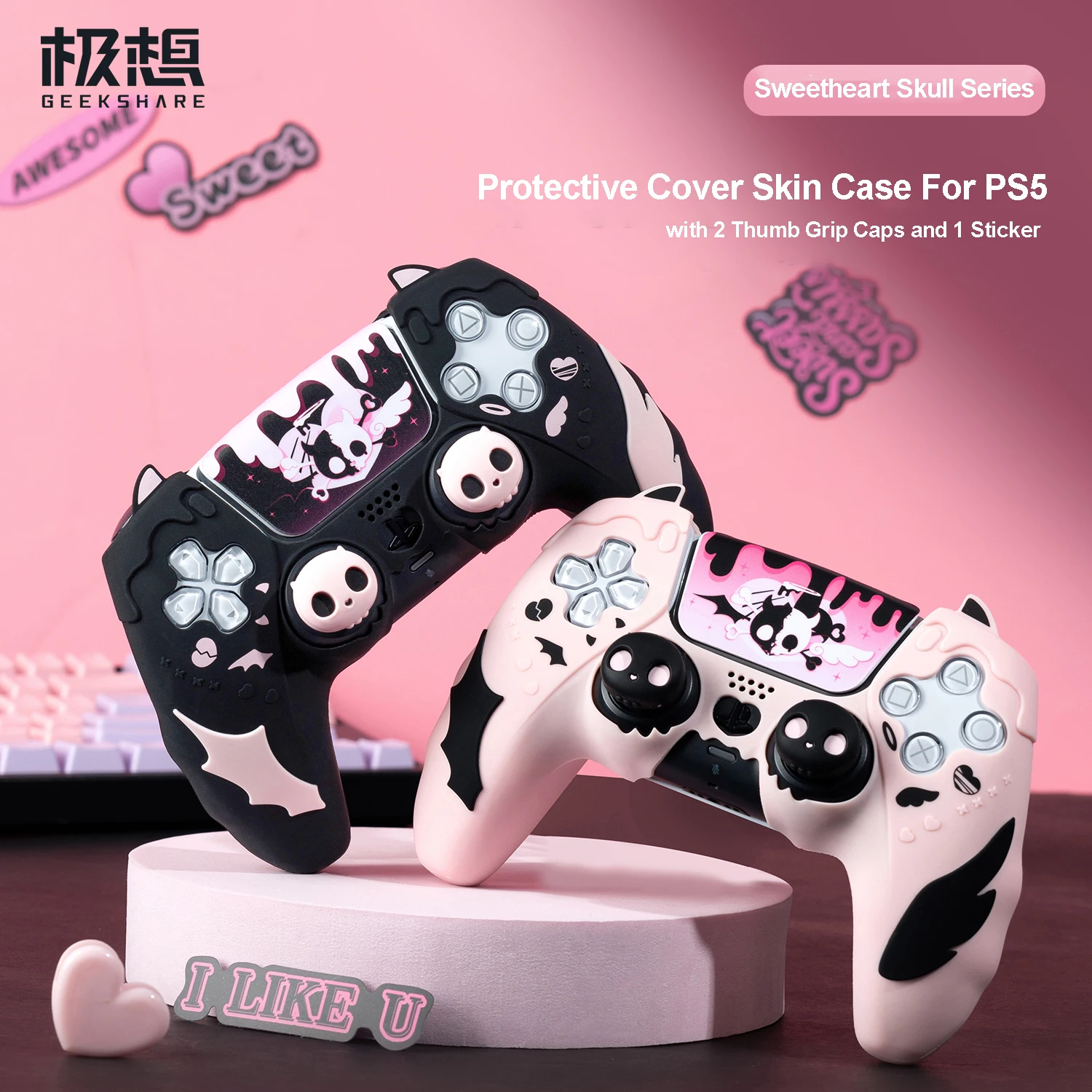 GeekShare Sweetheart Skull Controller Skin Set für PS5, Schutzhülle für Playstation 5, mit 2 Daumengriffen und 1 Aufkleber Image