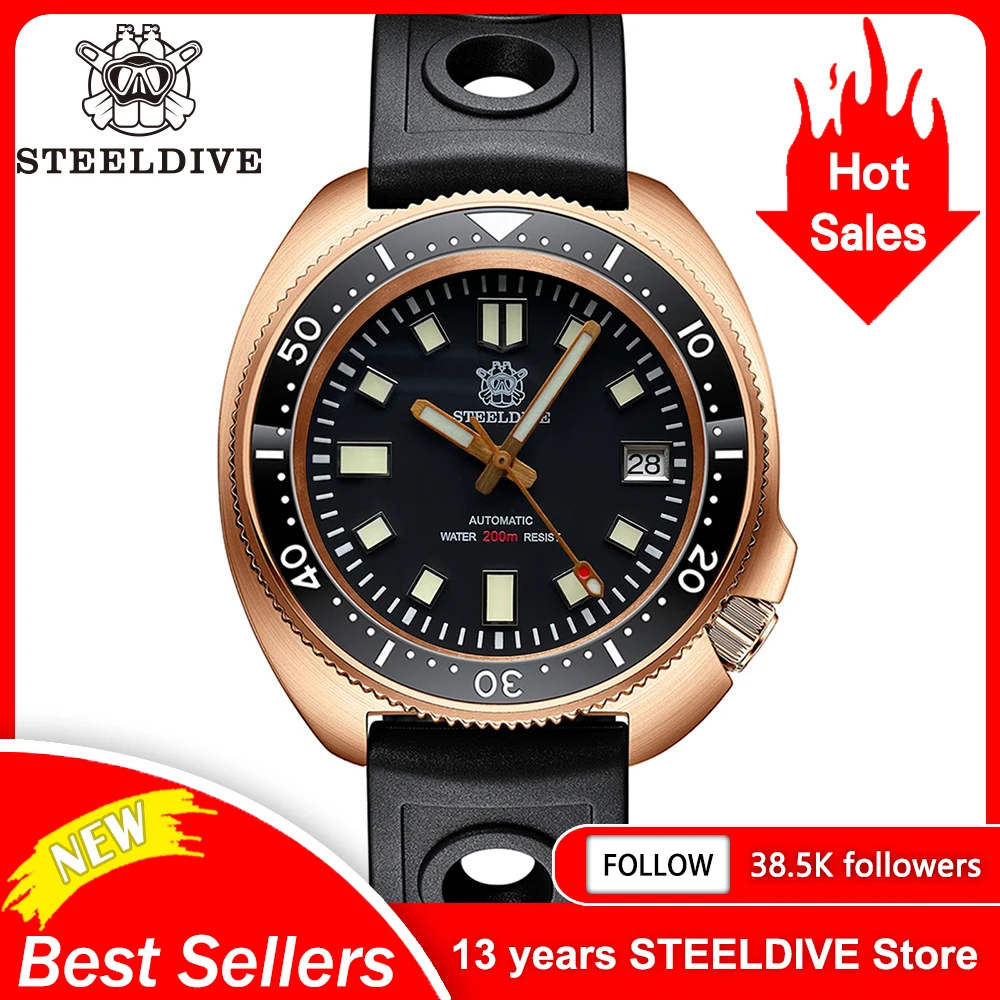 STEELDIVE Herren-Taucheruhr aus Bronze, 200 m wasserdicht, Keramik-Bronze-Lünette, Automatikwerk, Armbanduhr Image