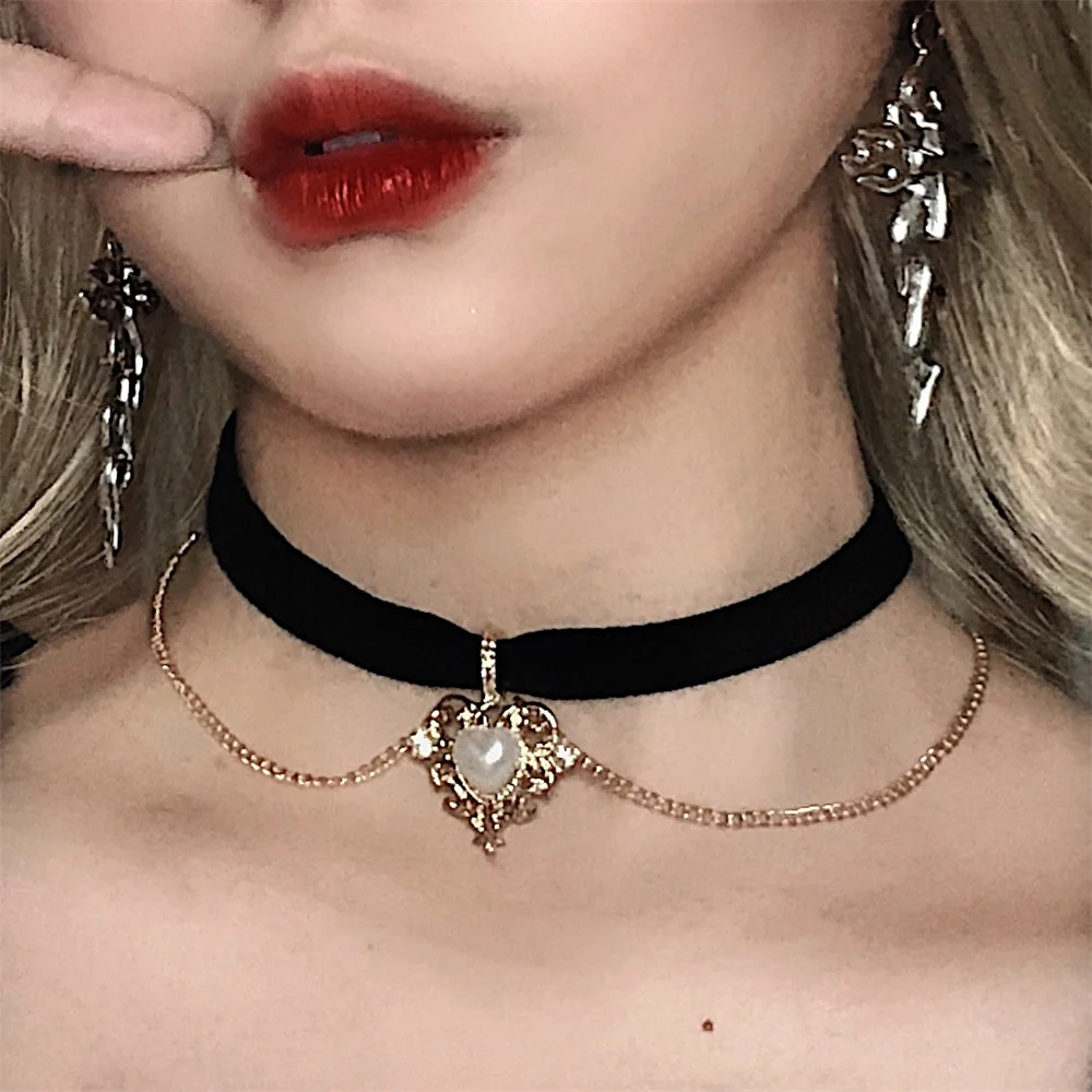 Vintage Samt kette Choker Halskette Gothic Herz Imitation Perle Anhänger Kragen Frauen Schlüsselbein Kette Halskette Party Schmuck Image