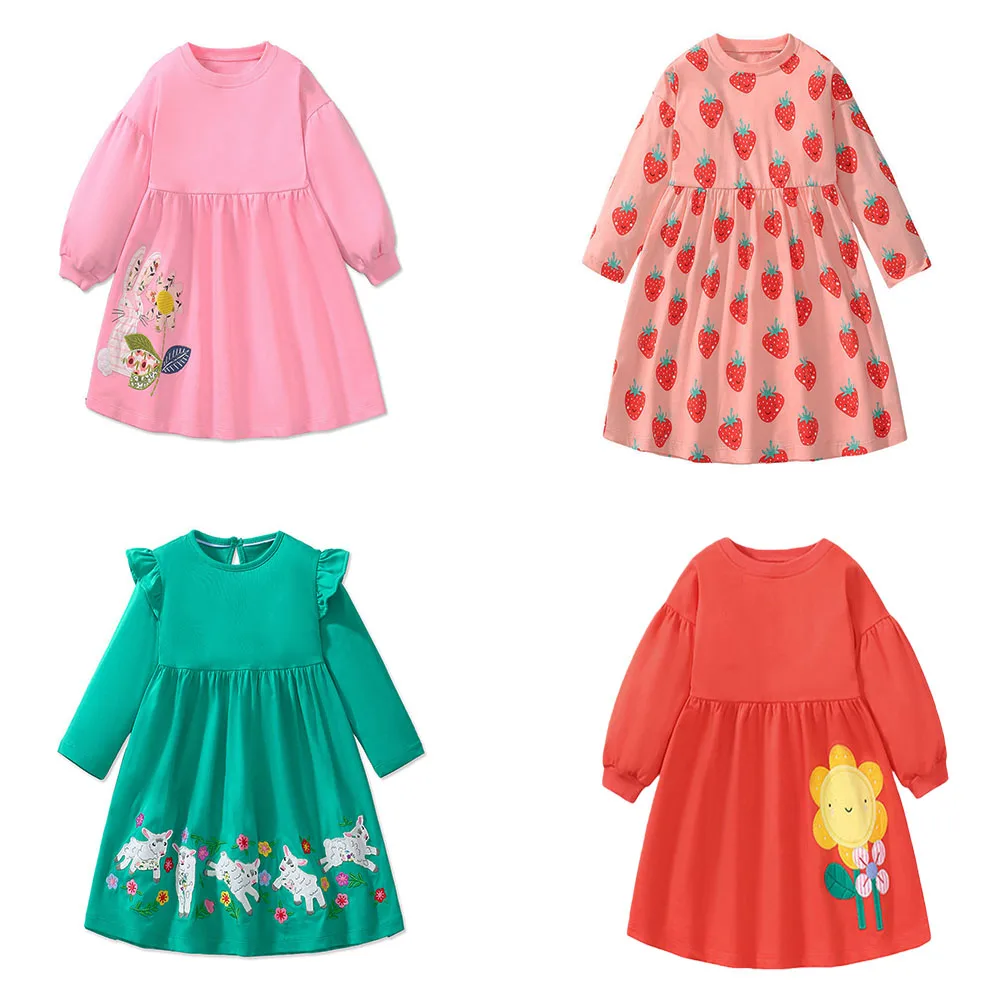 Jumping Meters 2-7T Herbst Winter Langarm Prinzessin Mädchen Kleider Stickerei oder bedruckt Baby Party Kleidung Pullover Kleid Image