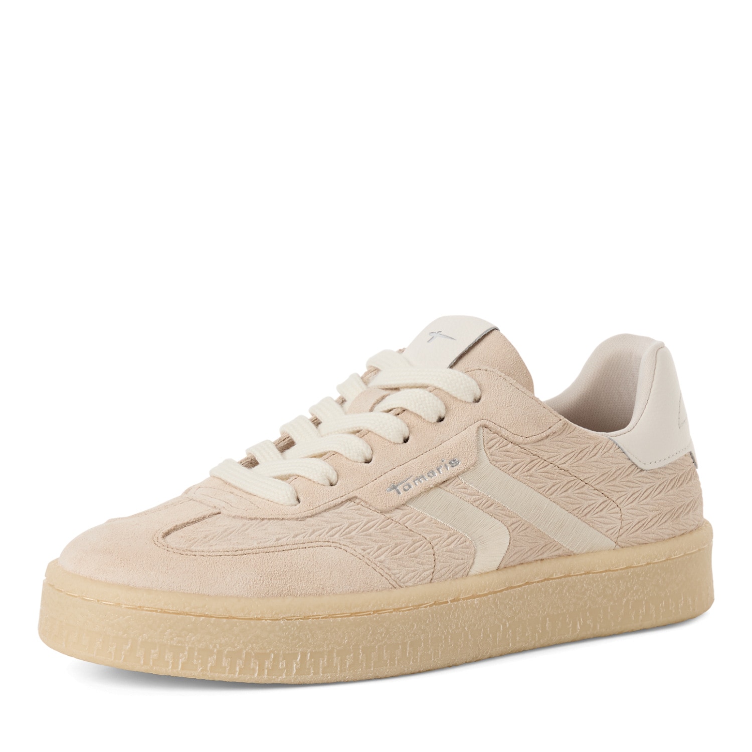 Plateausneaker TAMARIS, Damen, Gr. 41, beige, weiß, Glattleder, Veloursleder, Fischgratmuster, unifarben mit Farbeinsatz, Schuhe Plateausneaker, Freizeitschuh, Halbschuh, Schnürschuh mit gepolstertem Schaftrand