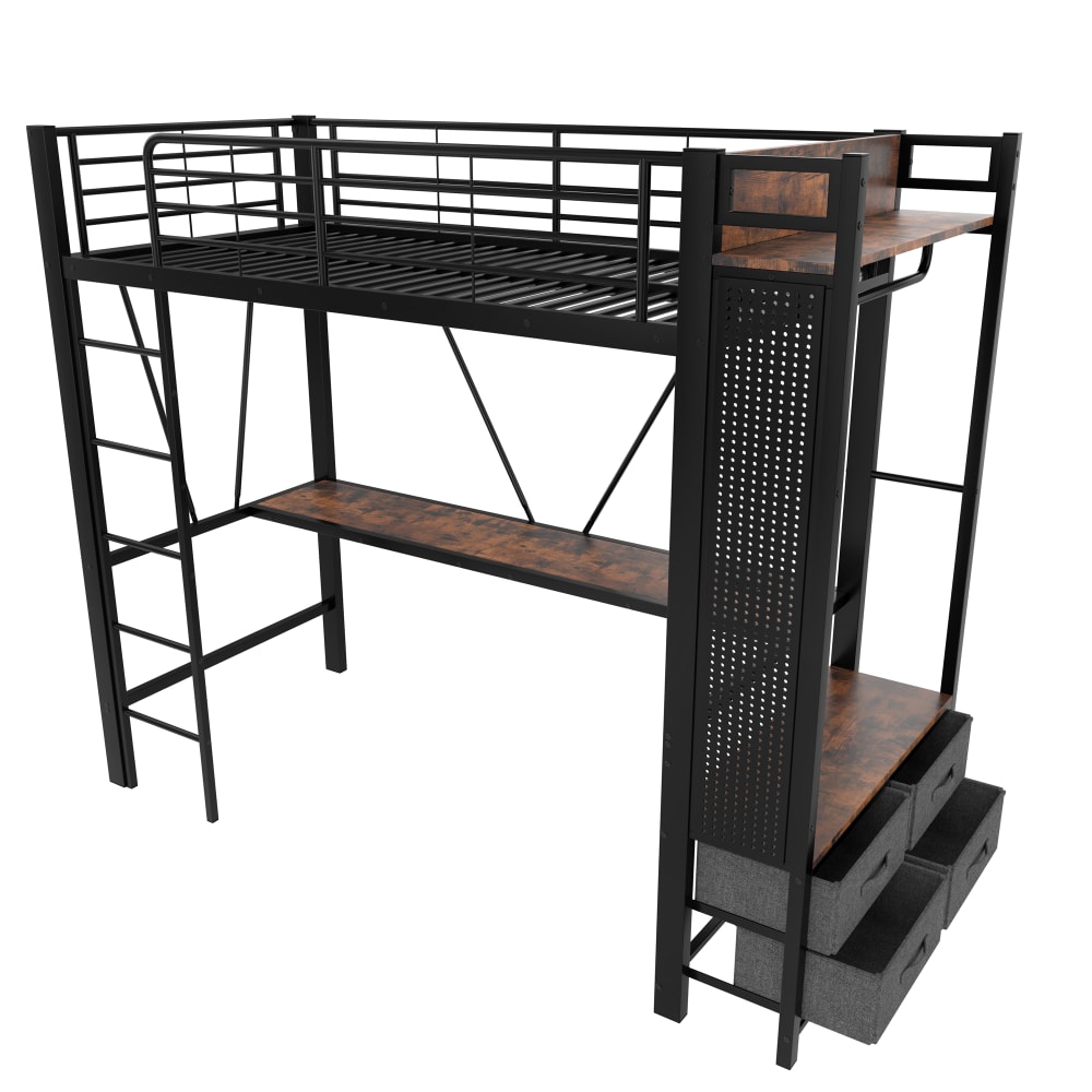 Letto a soppalco con 4 cassetti e scrivania in metallo 90x200 cm, nero