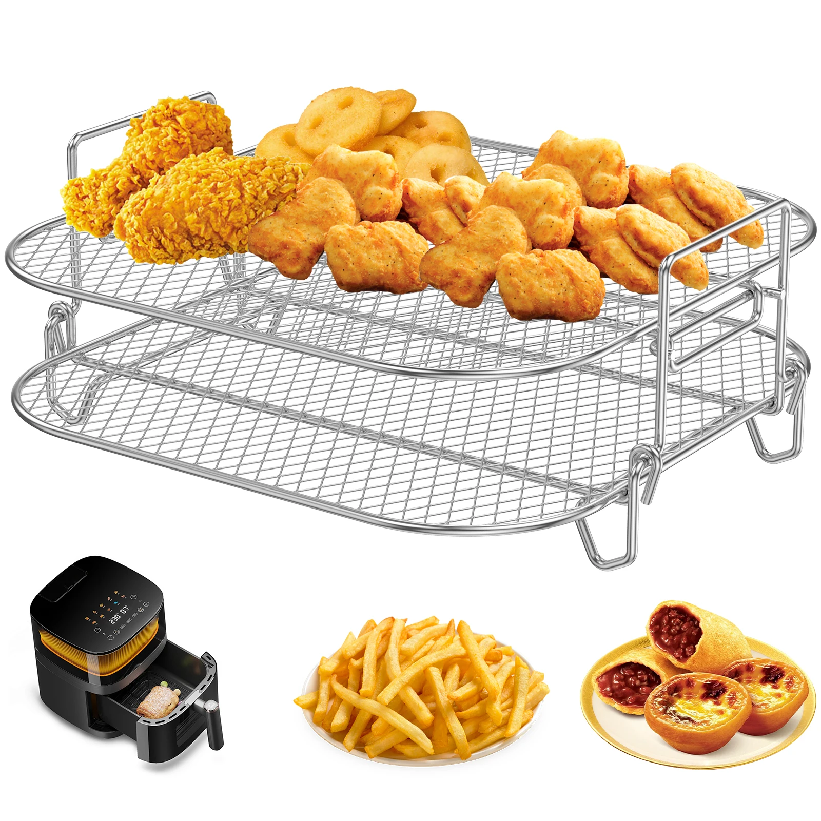 Luftfritteuse-Gestell, stapelbar, Grills, Spießregale, Luftfritteuse, universelles Zubehör, Fleisch-BBQ-Halter aus Edelstahl zum Backen, Kochen Image