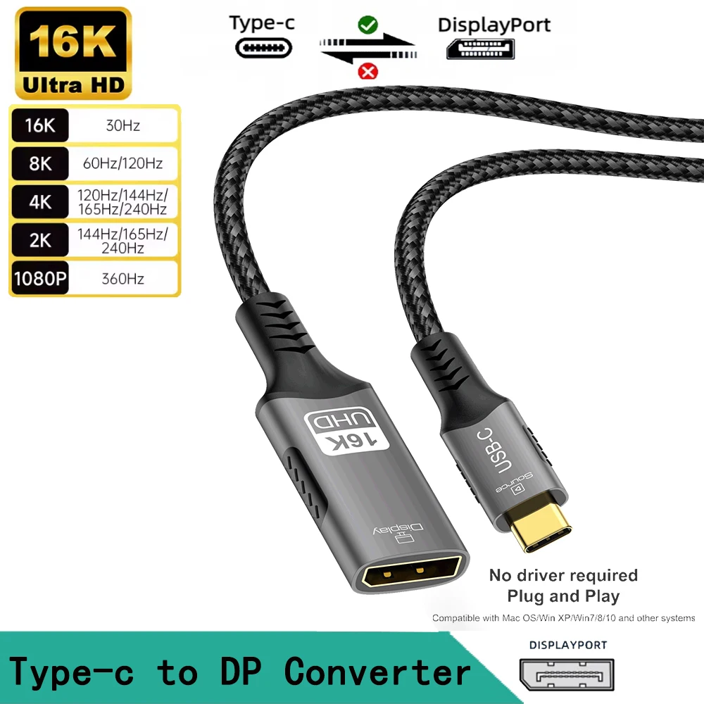 Typ C auf DP-Verlängerungskabel USB C auf DisplayPort-Adapter 16K DP 2.1 Konverter für Thunderbolt 4 MacBook Huawei Air Projektor Image