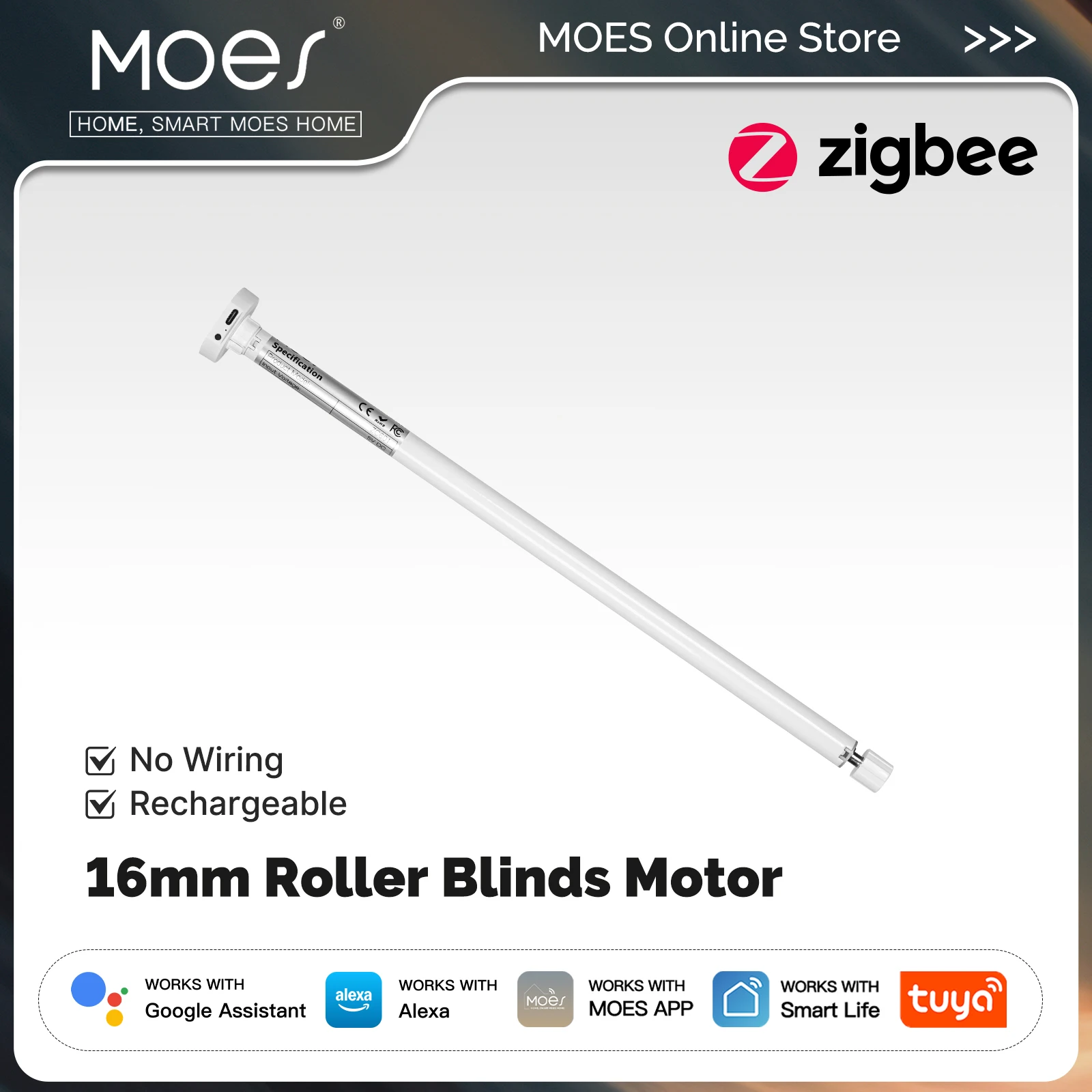 MOES Tuya Zigbee Smart Rollos Motor 16mm Aufladbare Fenster Shades Vorhang Für 17/25/28mm Rohr Arbeit mit Alexa Google Hause